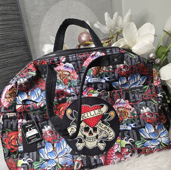 Ed Hardy Handbags - Ed Hardy Tattoo Skull Heart Print Duffel Bag Rhinestone Patch  Carry On New